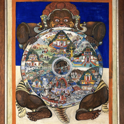 Roue des 6 mondes, tenue par Yama, le dieu de la mort